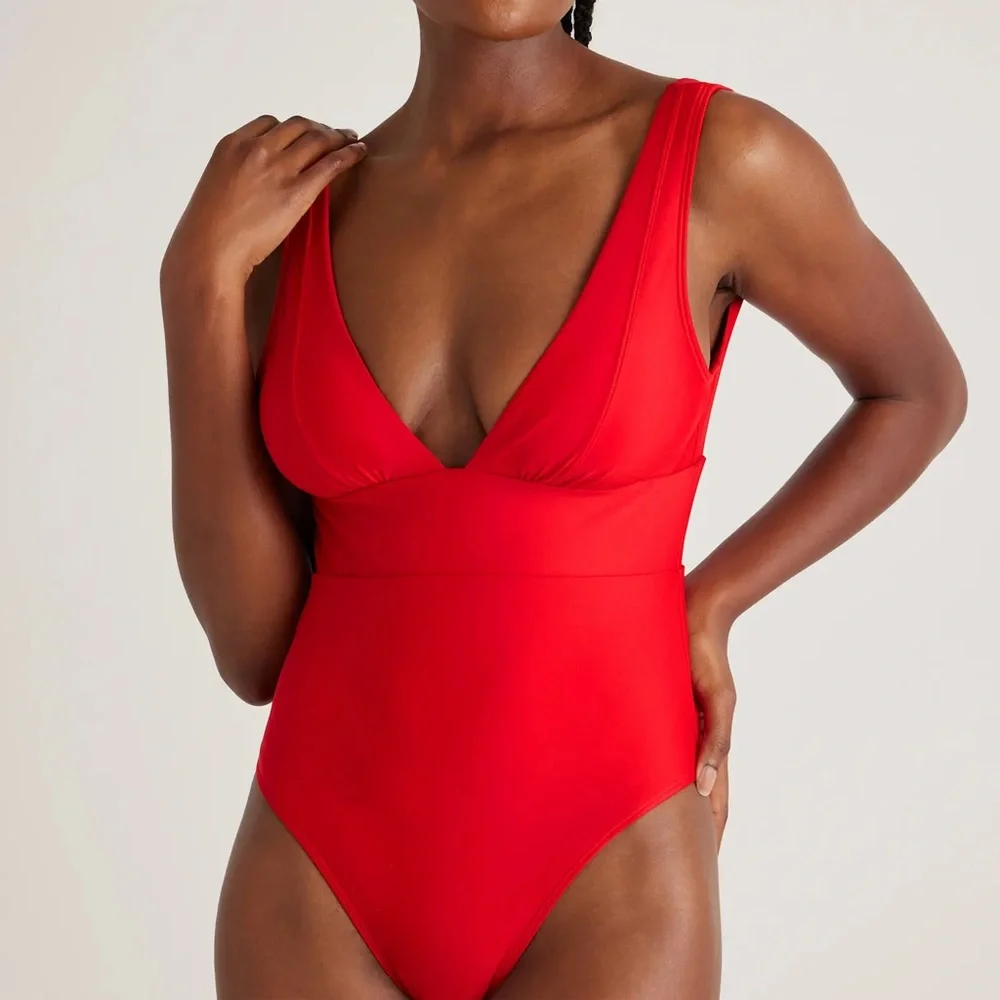 NWT Quince Cherry Red Women’s Italian Plunge One-Piece Swimsuit Sz XS S M L 🍒 - Picture 5 of 13